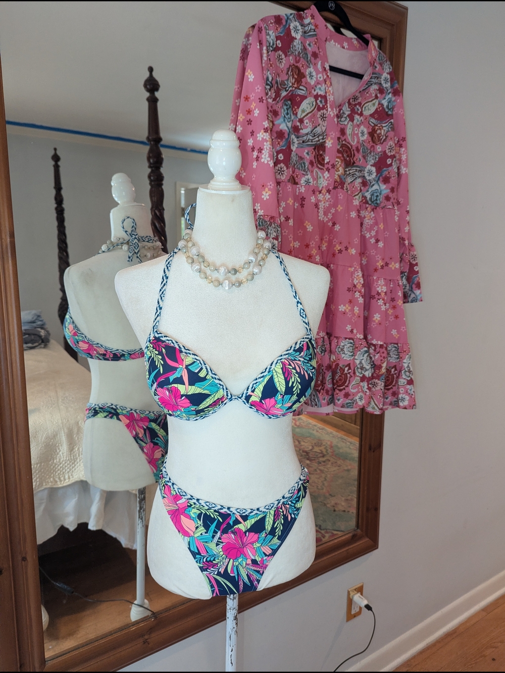 Tropical Floral Bikini Coverup Set in Navy & Pink